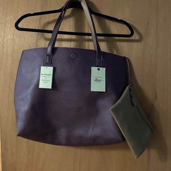 Bass Handbags - Bass Brown W/ a Hint of Maroon & Tan Tote Bag W/ Matching Pouch - Reversible!